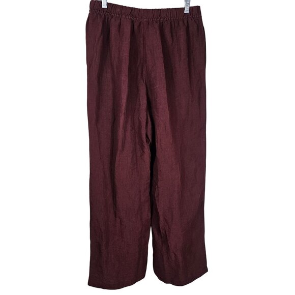 H&M Linen Wide-Leg Pants L Pull On Burgundy High Waist Coastal Lagenlook Scandi - Picture 2 of 12